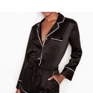 Victoria’s Secret Satin and Rhinestone Black Button Romper. Size Medium